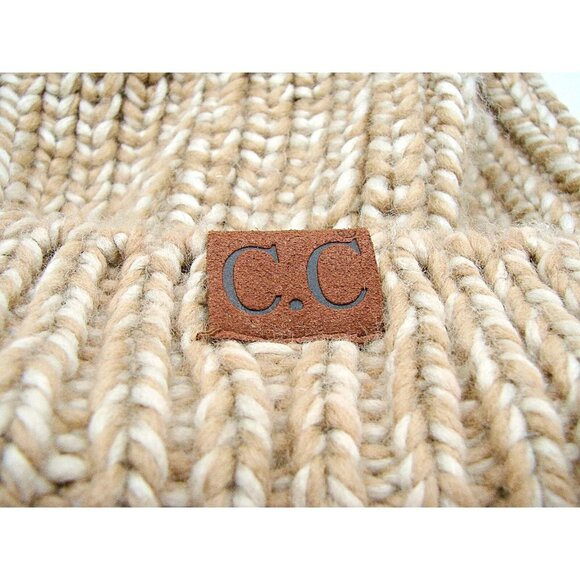 C.C Exclusives Pom Pom Beanie Hat Taupe Tan Chunky Yarn Knit Fold Over Warm OSFM - Picture 9 of 12